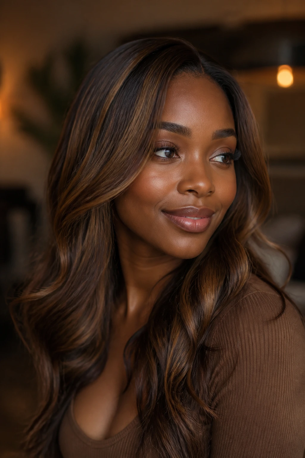 Close-up portrait of a real woman with walnut brown hair and golden babylights.