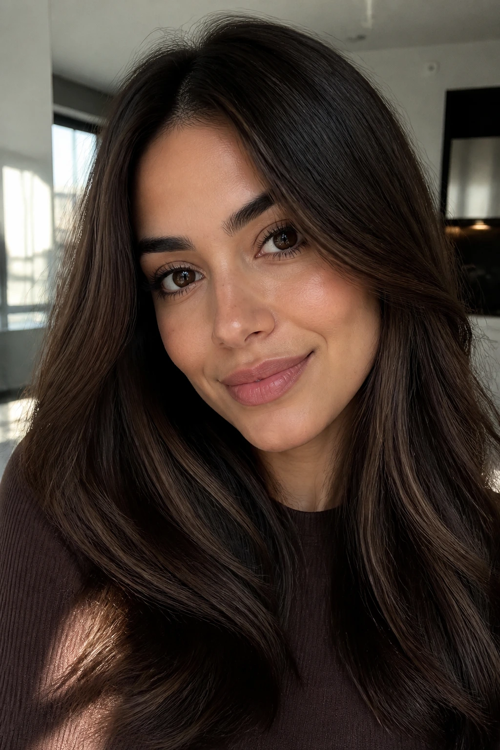 Close-up of a woman with Walnut Brown hair showing healthy shine