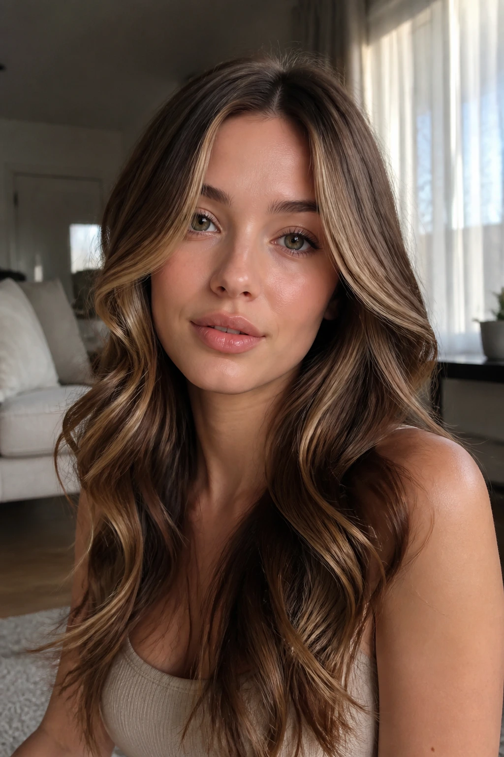 Close-up portrait of a real woman with walnut brown hair and soft gold highlights in warm window light