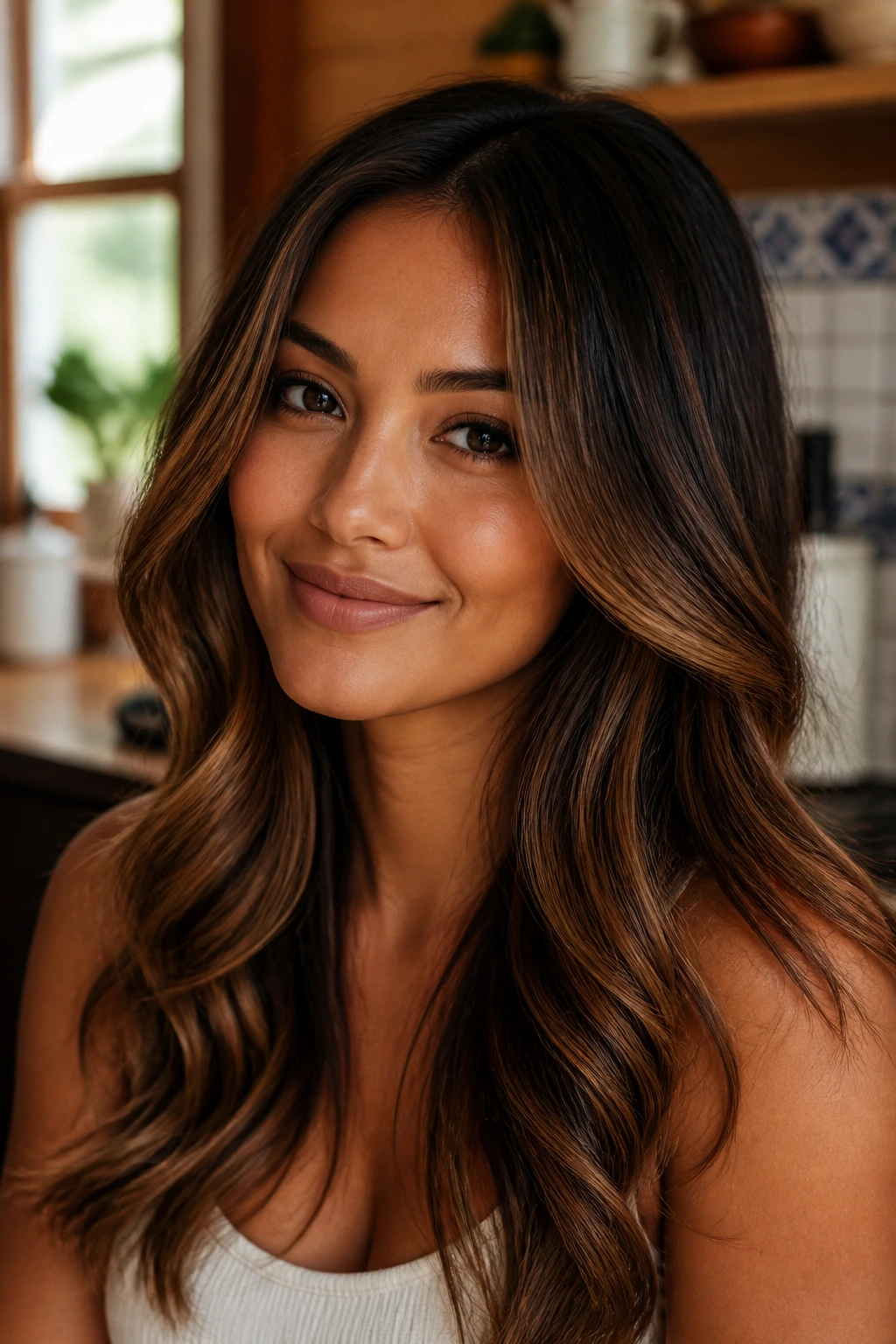 Close-up portrait of a real woman with walnut brown hair and honey glaze highlights