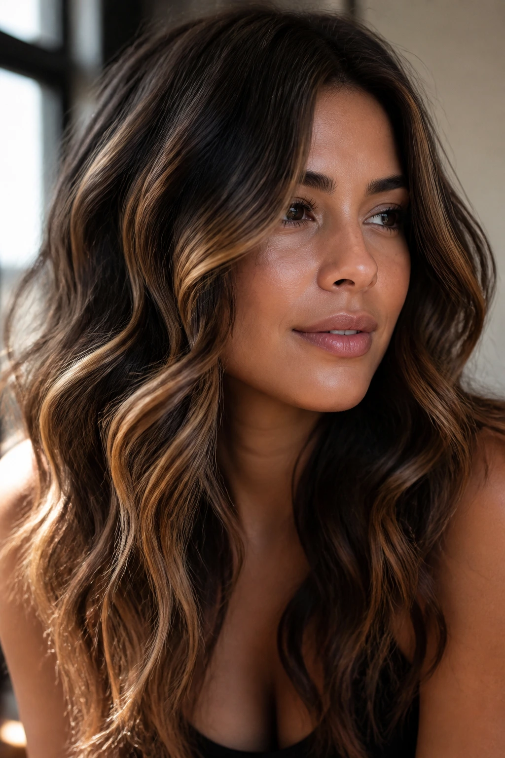 Real woman with walnut brown hair and narrow honey streaks catching light