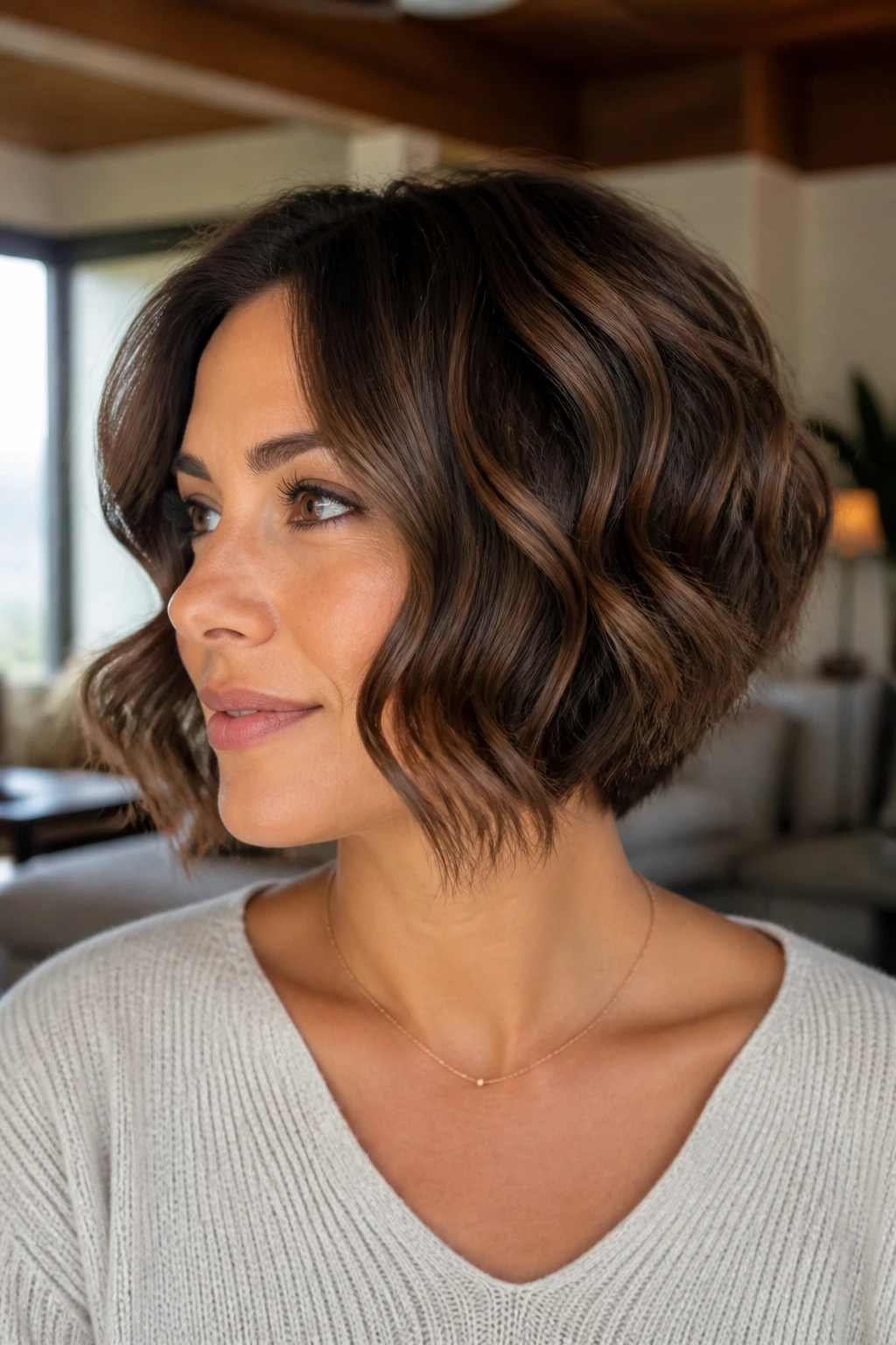 Close-up of a real woman with a walnut-brown inverted bob and big waves