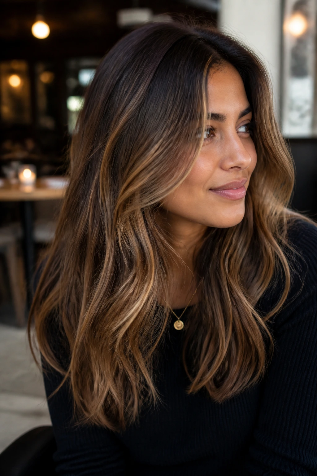 Real woman with walnut brown hair and golden lattice highlights in a warm cafe setting