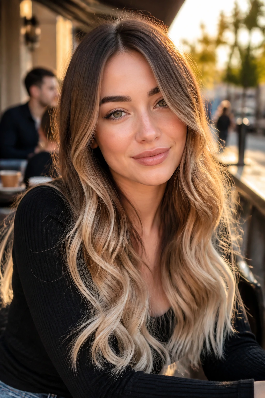 Close-up of walnut brown layers with silk blonde ends on a real woman