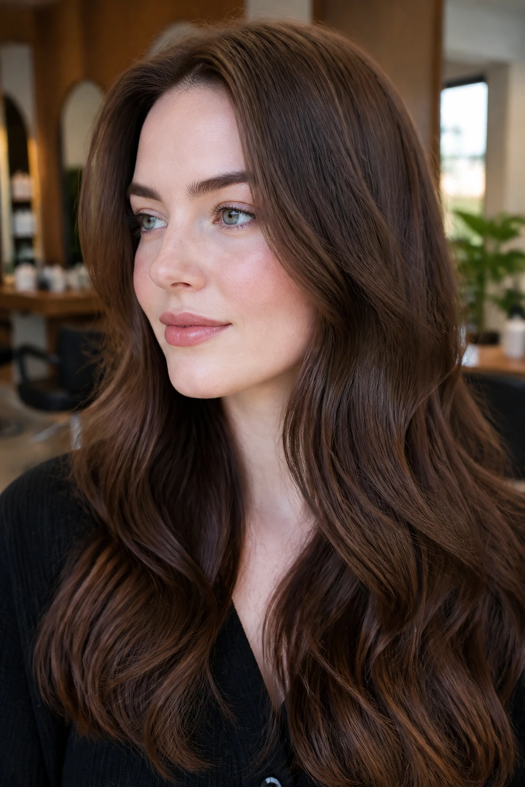 Portrait of person with walnut brown hair and pale skin in a stylish salon