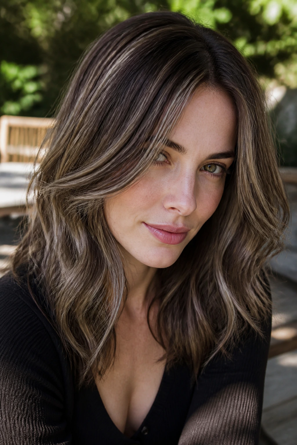 Portrait of a real woman with walnut brown hair and pearl highlights in garden light
