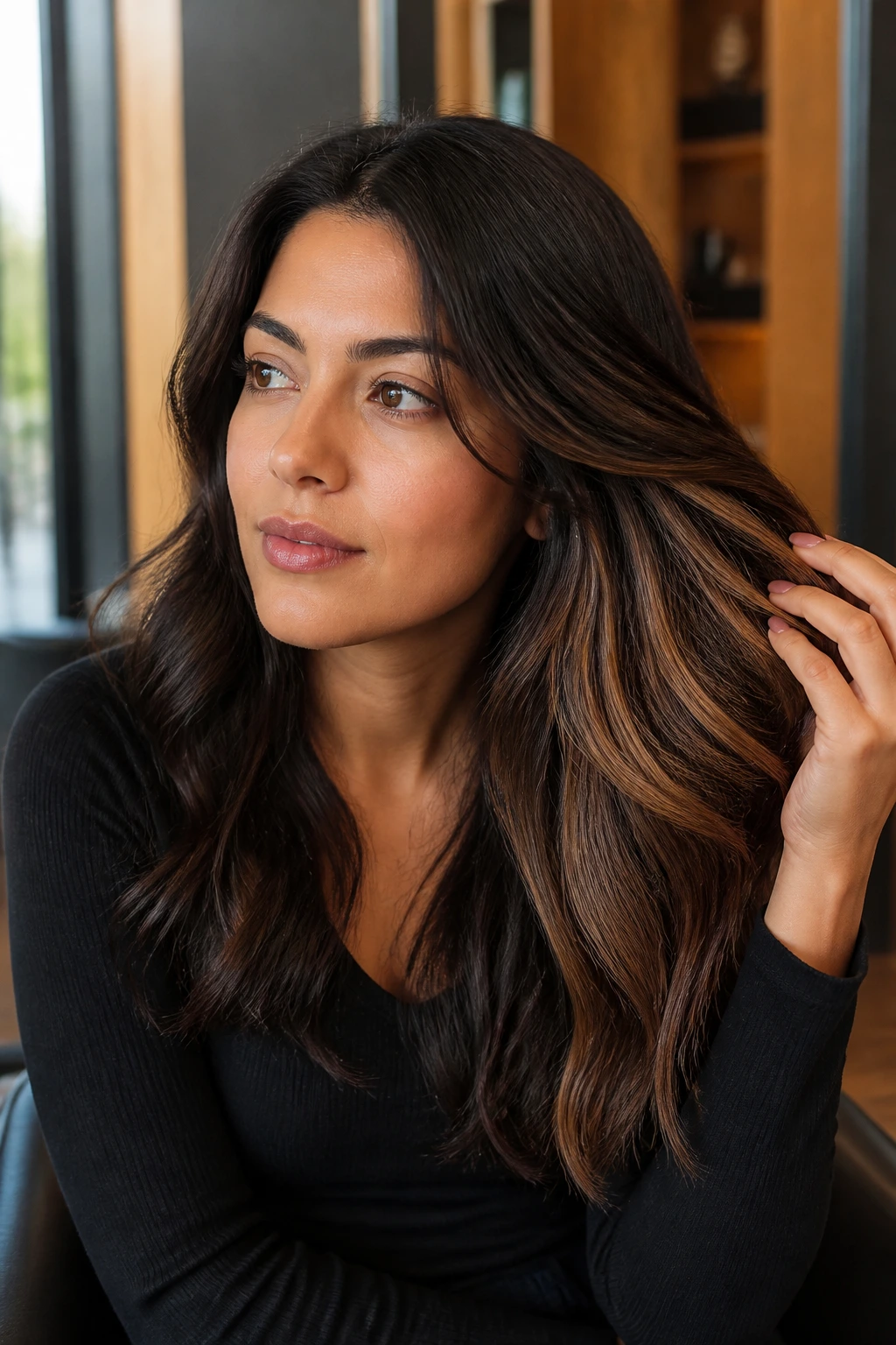 Portrait of a woman with walnut brown hair and hidden lighter peekaboo highlights under layers.