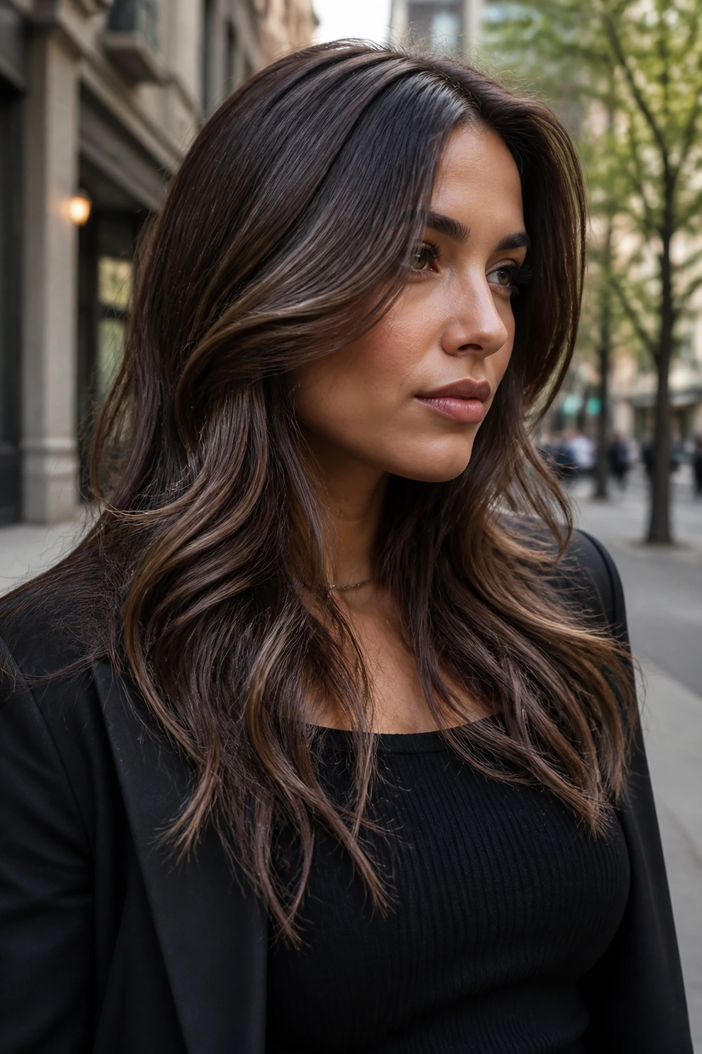 Medium close-up of real person with walnut brown hair showing pewter-bronze sheen.