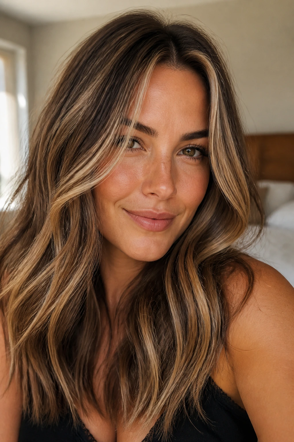 Close-up of a real woman with walnut brown hair and creamy ribbon highlights in natural window light