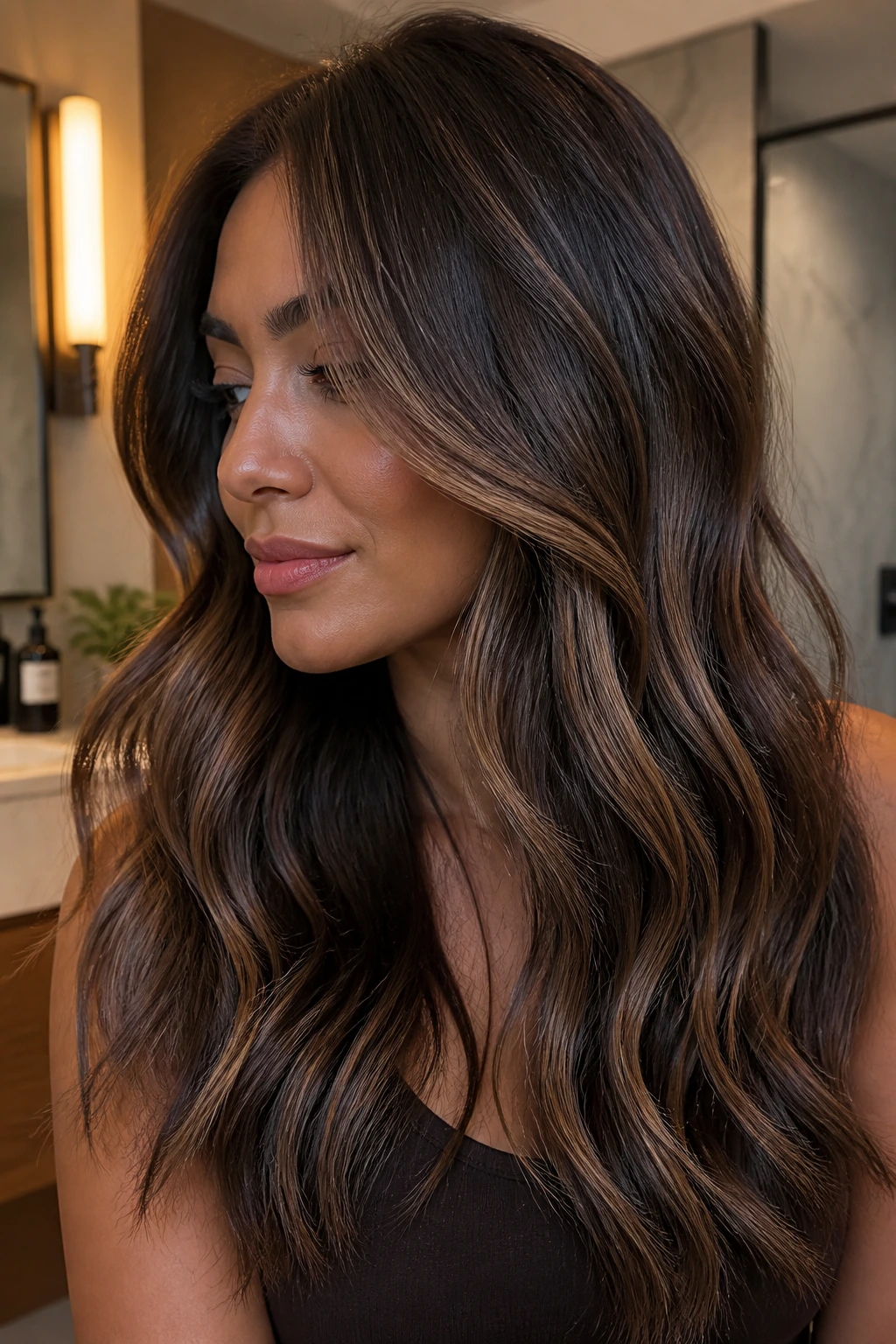 Walnut brown hair with caramel ribbon lights on a real woman