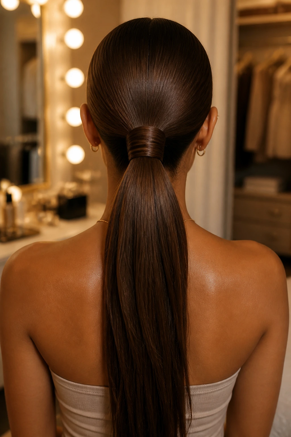 Back-of-head portrait of a real woman with a walnut brown sleek ponytail wrapped at the base.