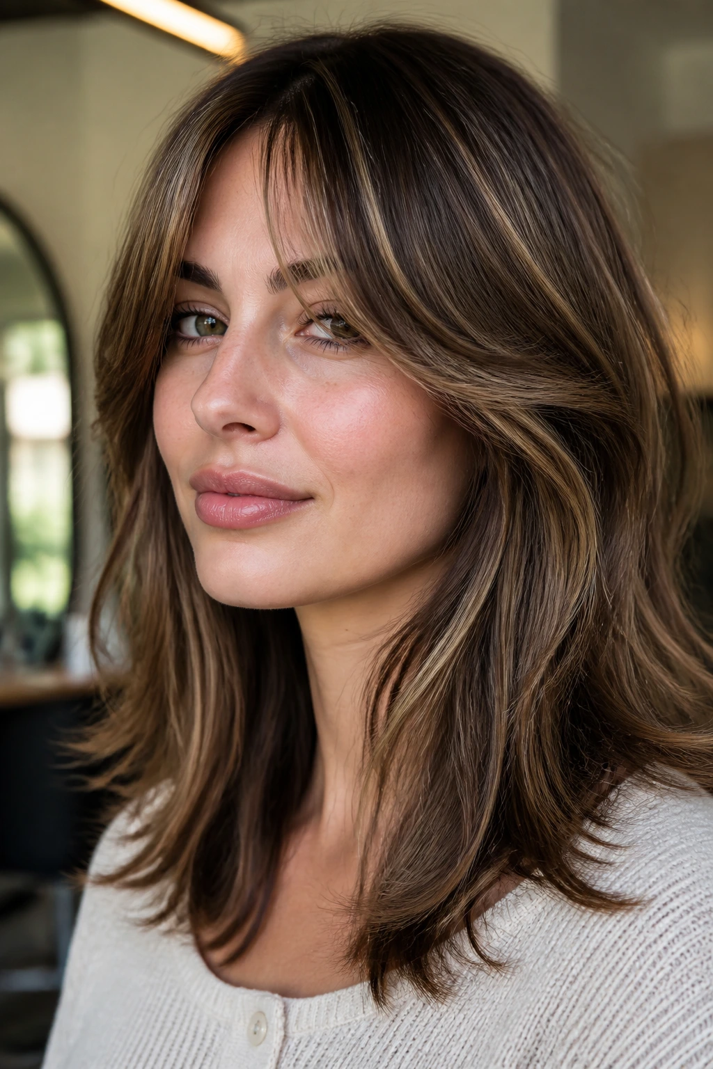 Close-up of a real woman with walnut brown hair and sliced-light highlights around curtain bangs