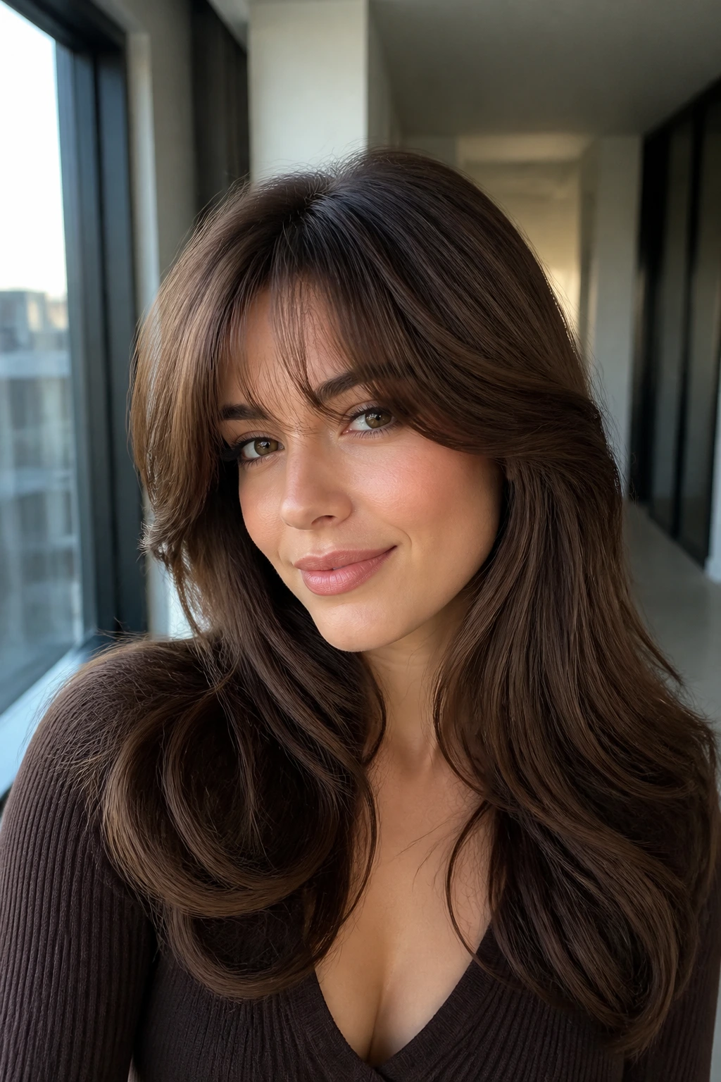Close-up of a real woman with walnut brown hair and swoopy bangs in a bright interior.