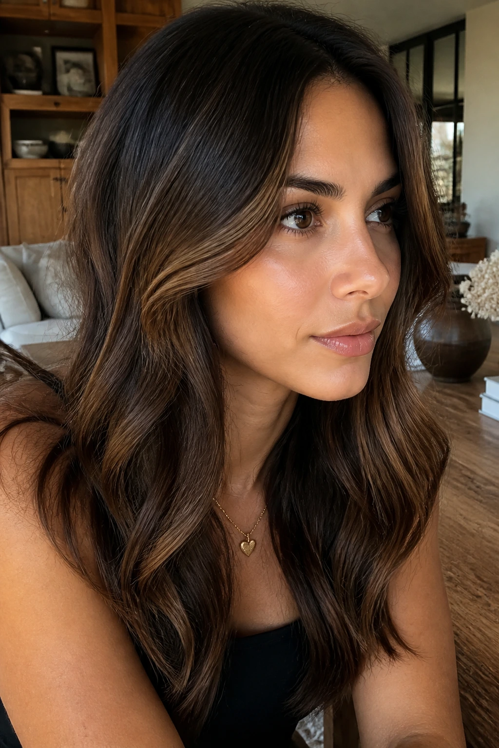Close-up of walnut-brown hair with fine golden threading on a real woman's head.