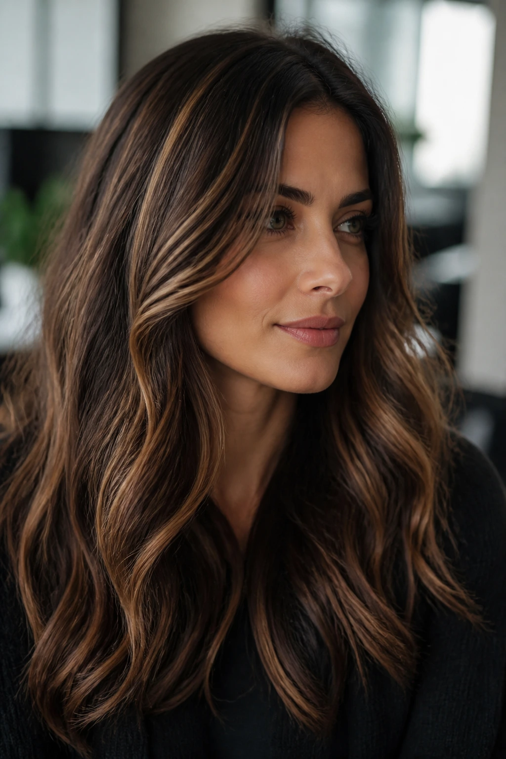 Walnut brown hair with subtle gold veil in soft light