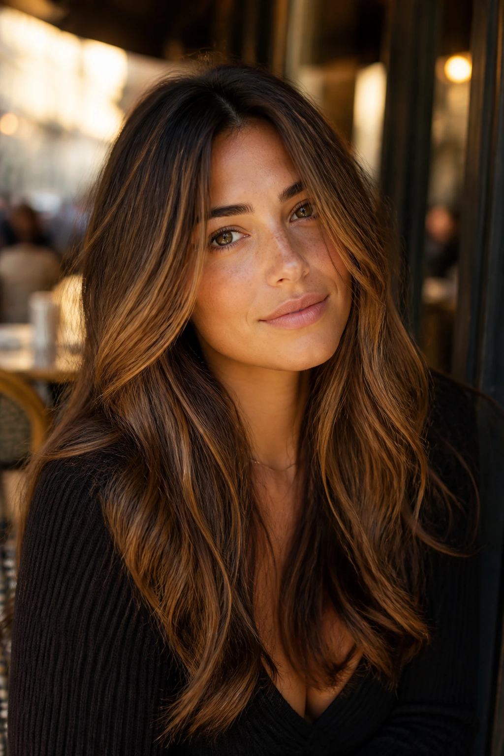 Walnut brunette with delicate golden veil highlights.