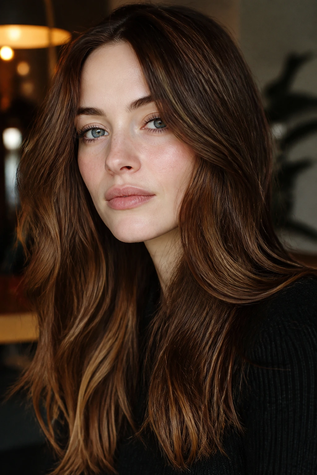 Close-up portrait of a woman with golden walnut brunette hair