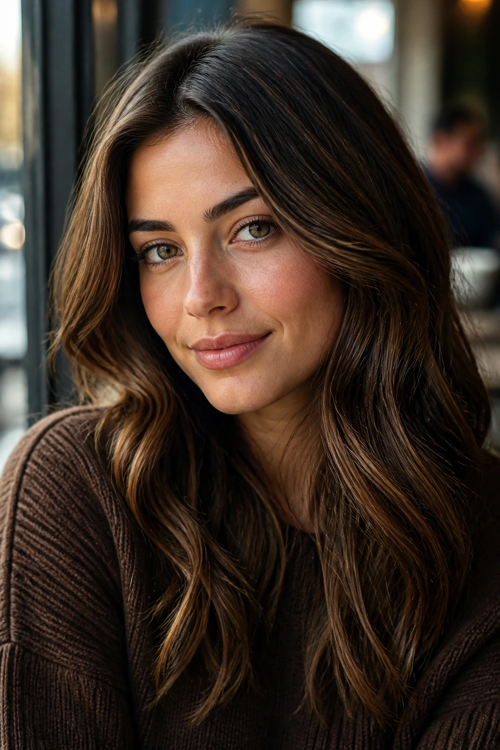 Close-up portrait of real woman with walnut brunette base and fine highlights on olive skin