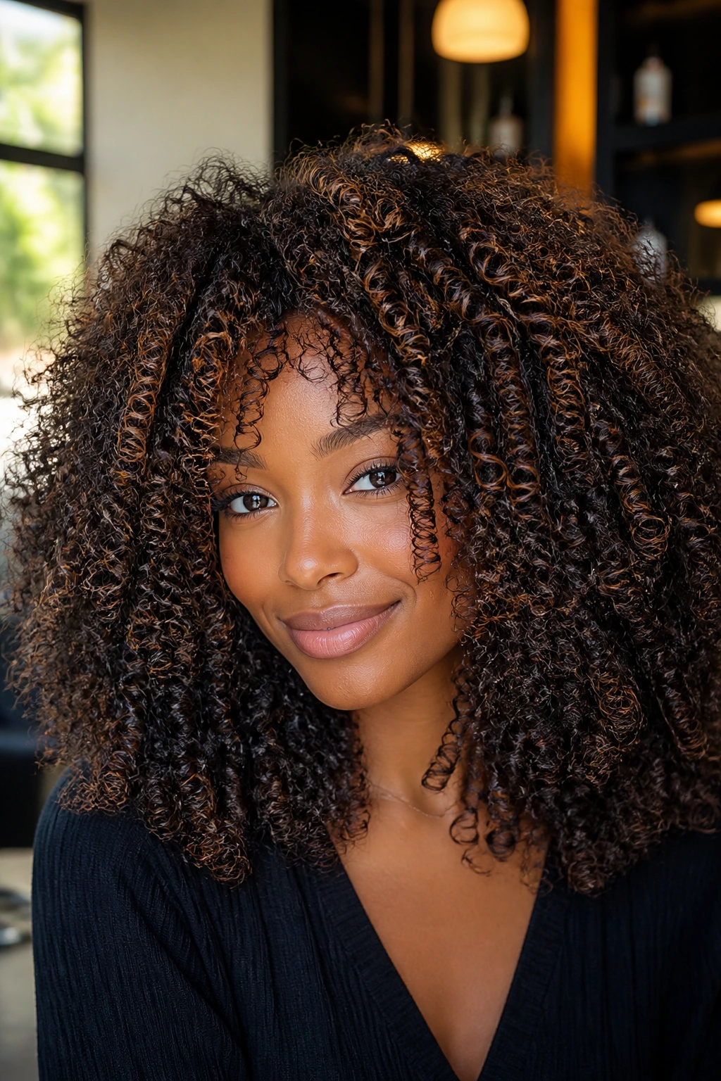 Close-up of a person with walnut caramel babylights in natural curls
