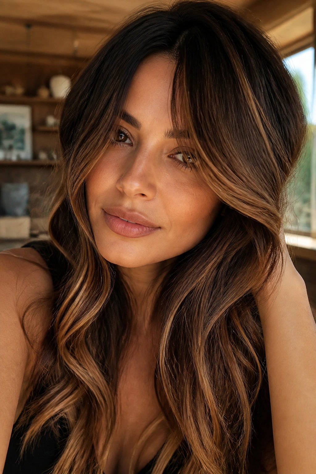 Close-up of hair with walnut base and caramel dimension on a real person
