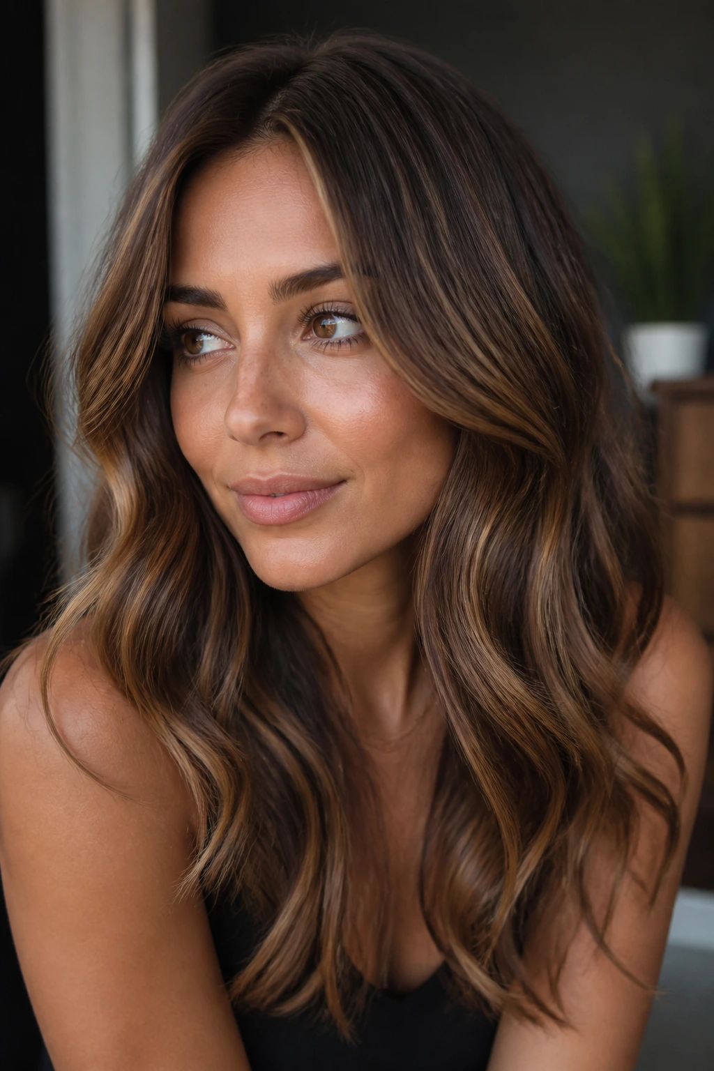 Close-up portrait of a real woman with walnut caramel lowlights for depth on olive skin