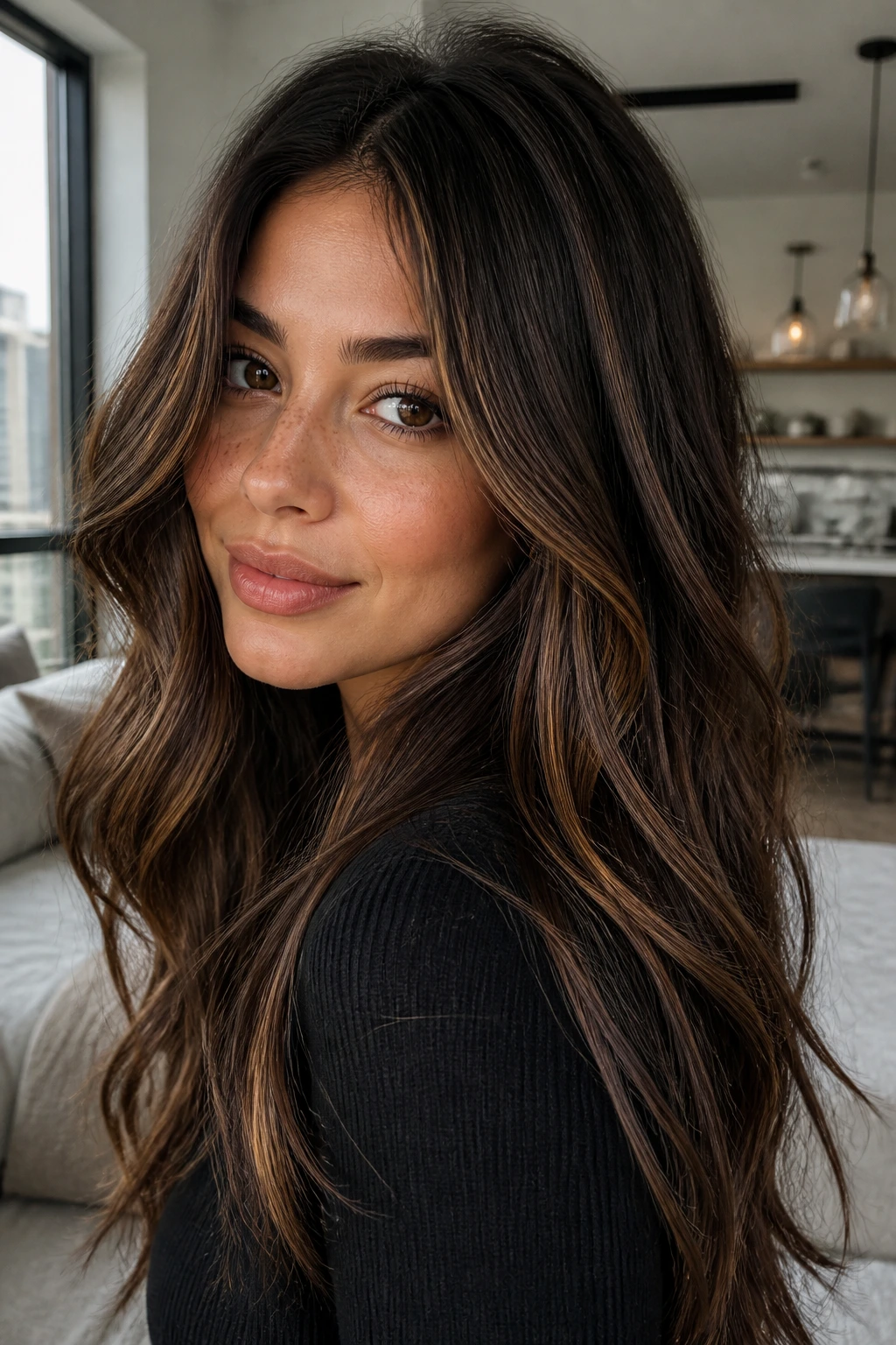 Close-up of rich walnut brown hair with caramel microlights on olive skin