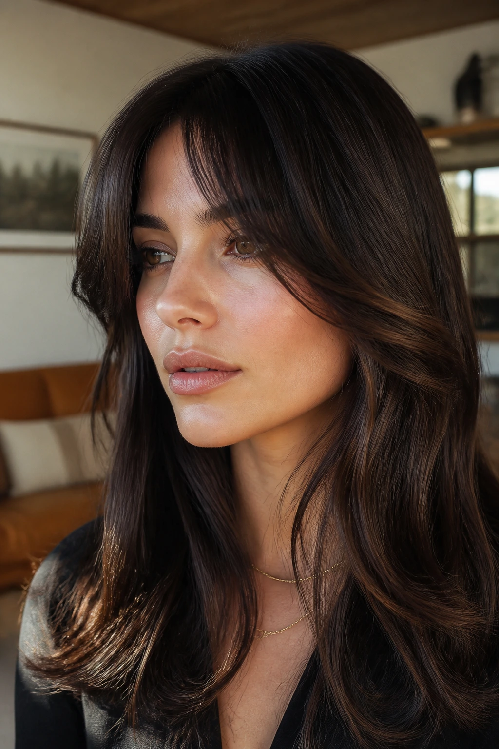 Close-up portrait of a real woman with walnut curtain bangs and brunette lowlights
