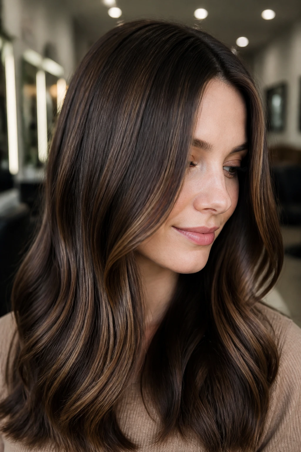 Close-up of a real woman with walnut-brown hair and caramel ribbons in a salon setting.