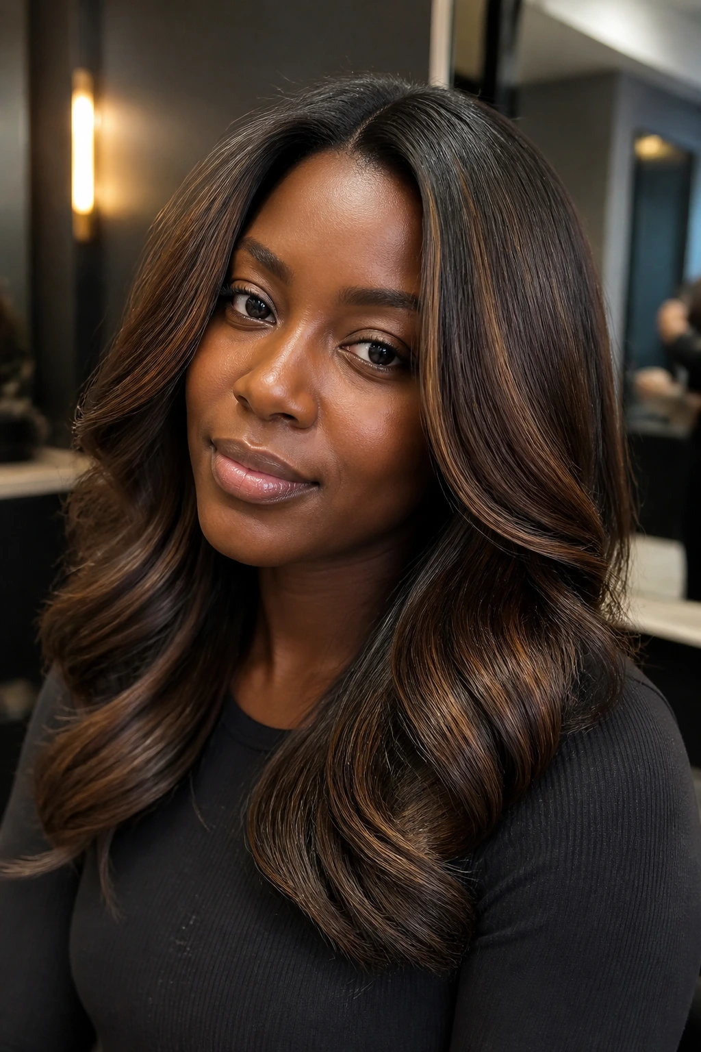 Close-up of a real person with deep skin tone featuring walnut gloss highlights.