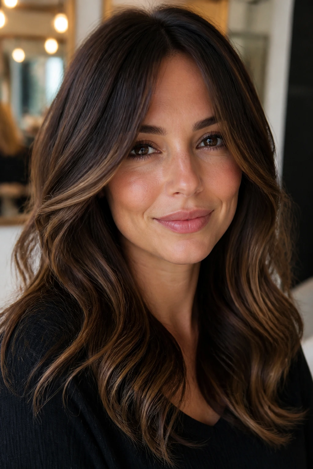 Close-up portrait of a person with walnut hair and subtle pops around the outer edges, with a glossy shine