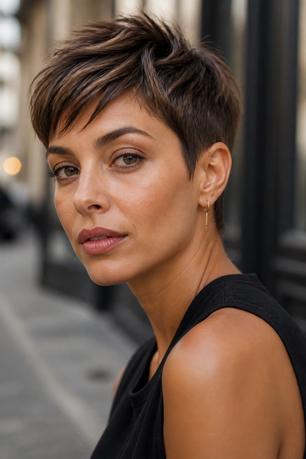Portrait of a woman with walnut brown pixie cut and olive skin.