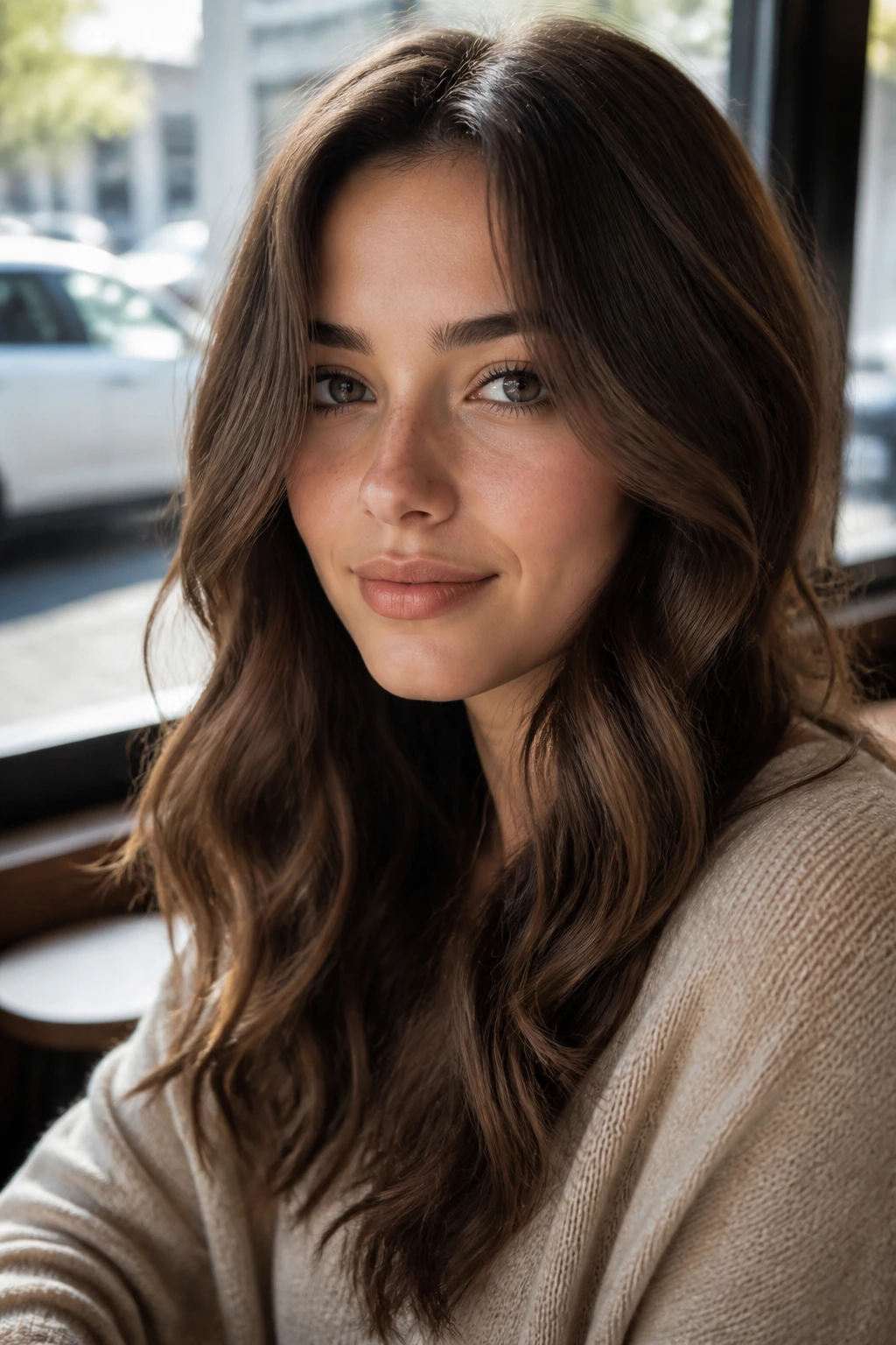 Close-up portrait of a woman with cool walnut brown hair and soft waves in a sunlit cafe setting