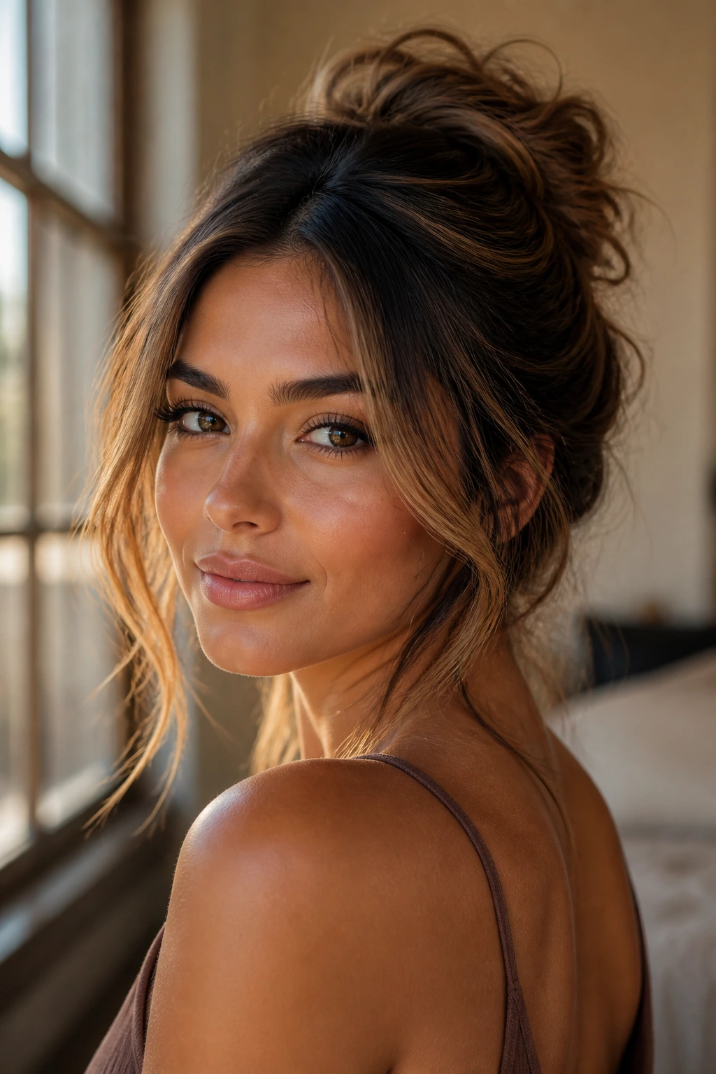 Close-up of a woman with walnut halo framing temples, updo