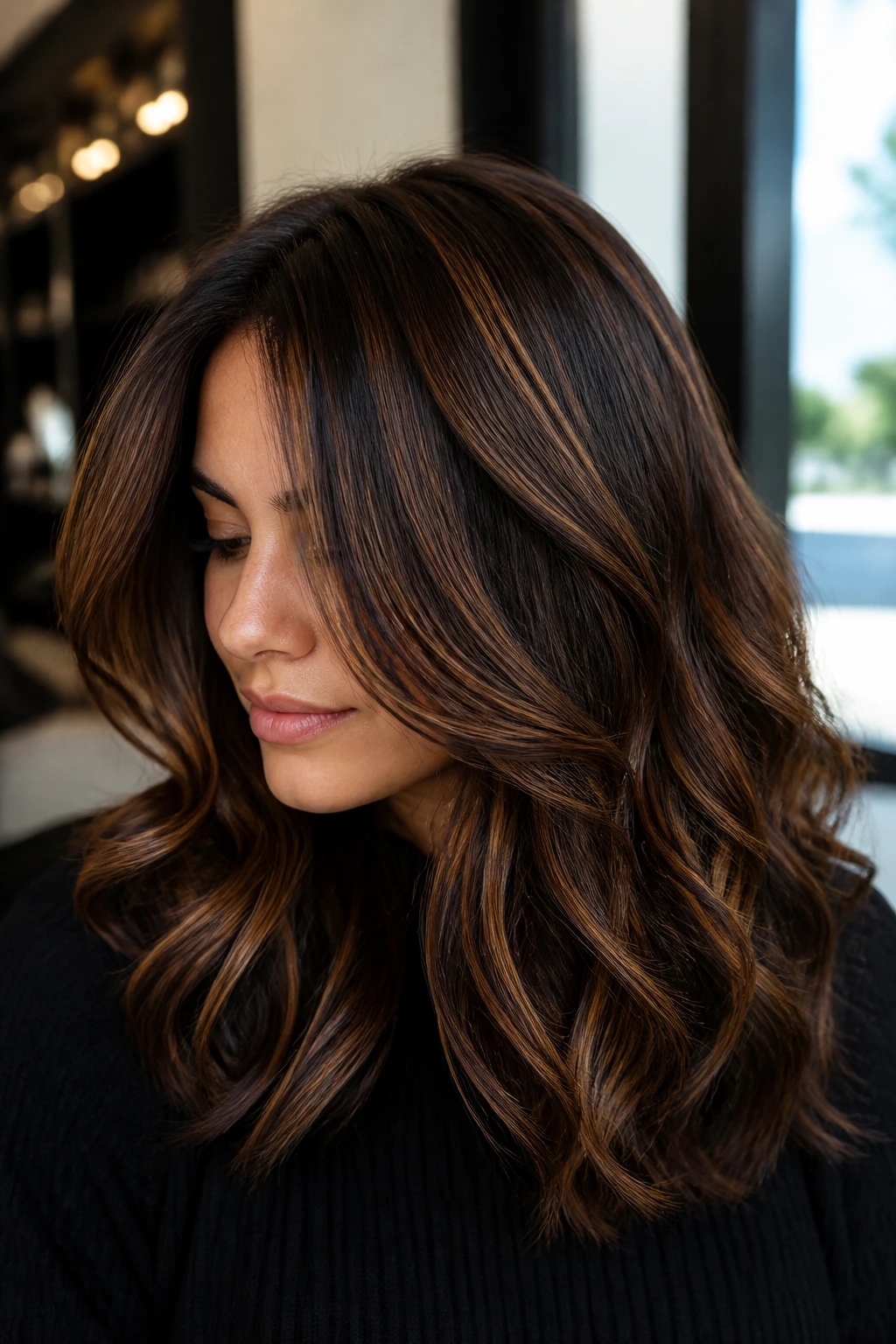 Close-up of dense hair with walnut highlights and lowlights