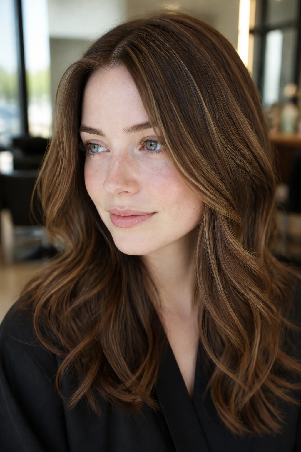 Close-up portrait of a real person with walnut micro-highlights framing a heart-shaped face
