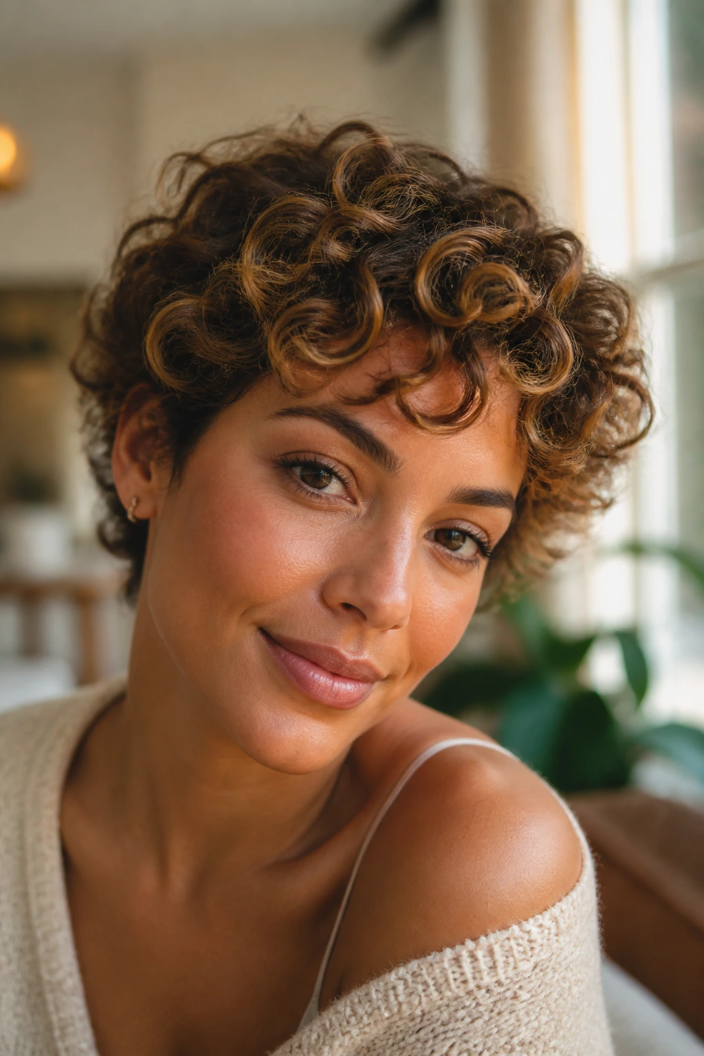 Walnut base with honey highlights on short curls