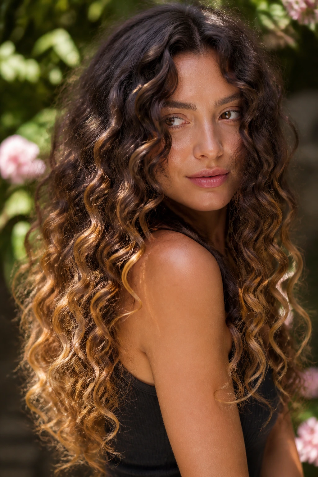 Close-up of a real woman with walnut roots and honey ends on long curls