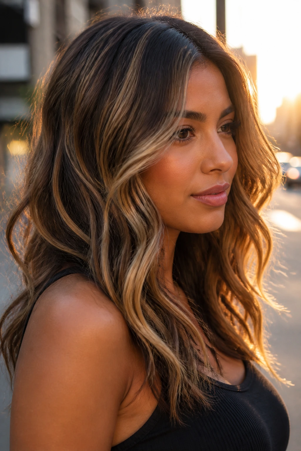 Portrait showing walnut and honey foilayage on hair with beachy waves