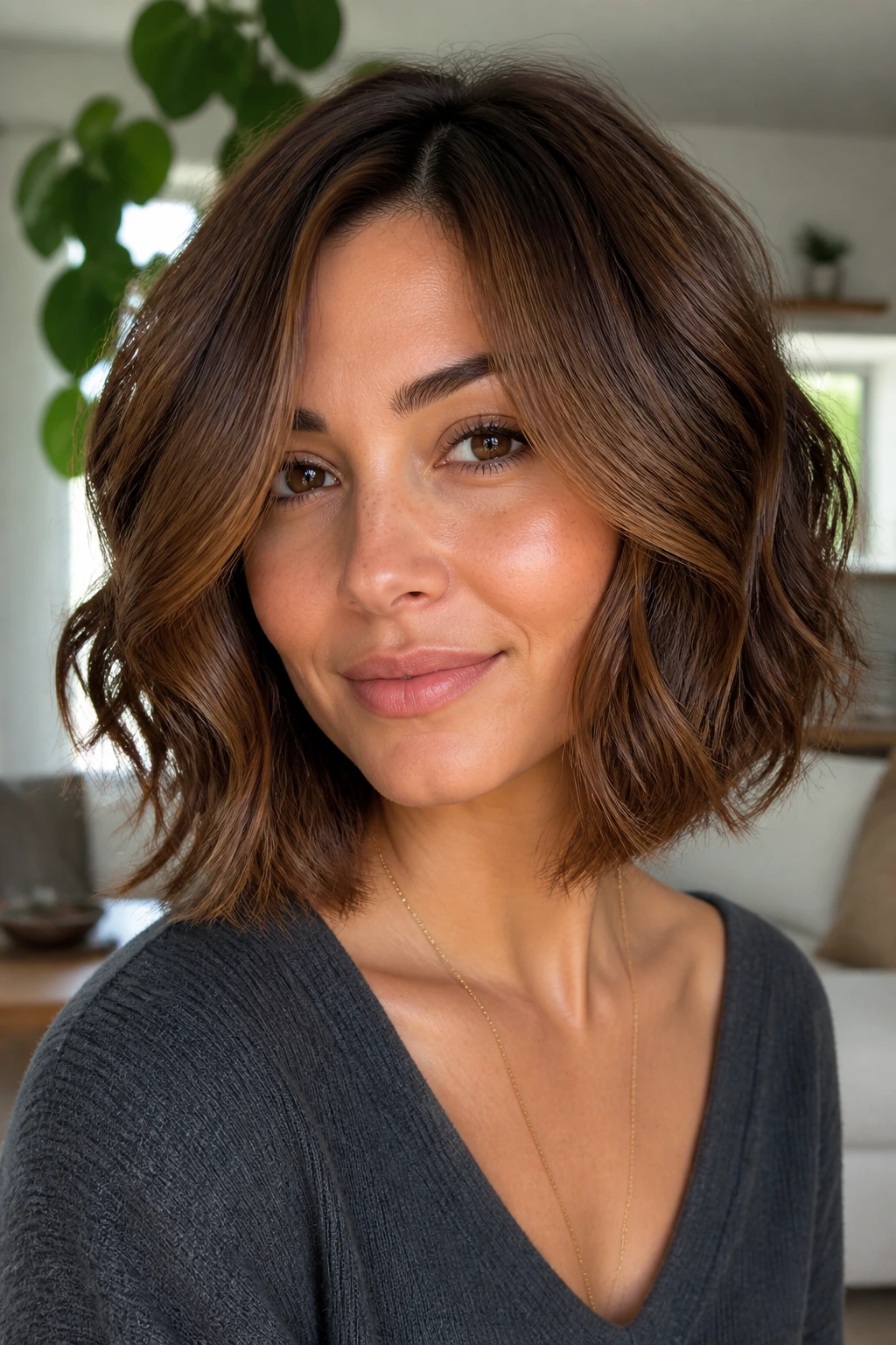 Brunette with walnut layered bob and face frames brightening the cheeks.
