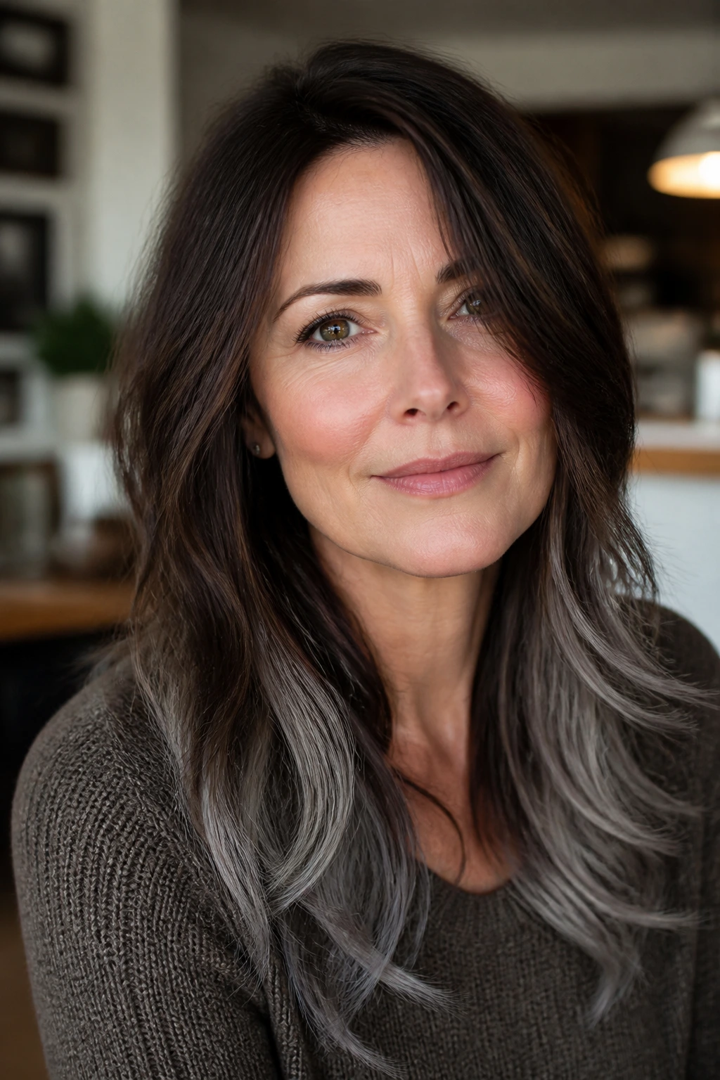 Real person with walnut brown hair and pewter ends in layers