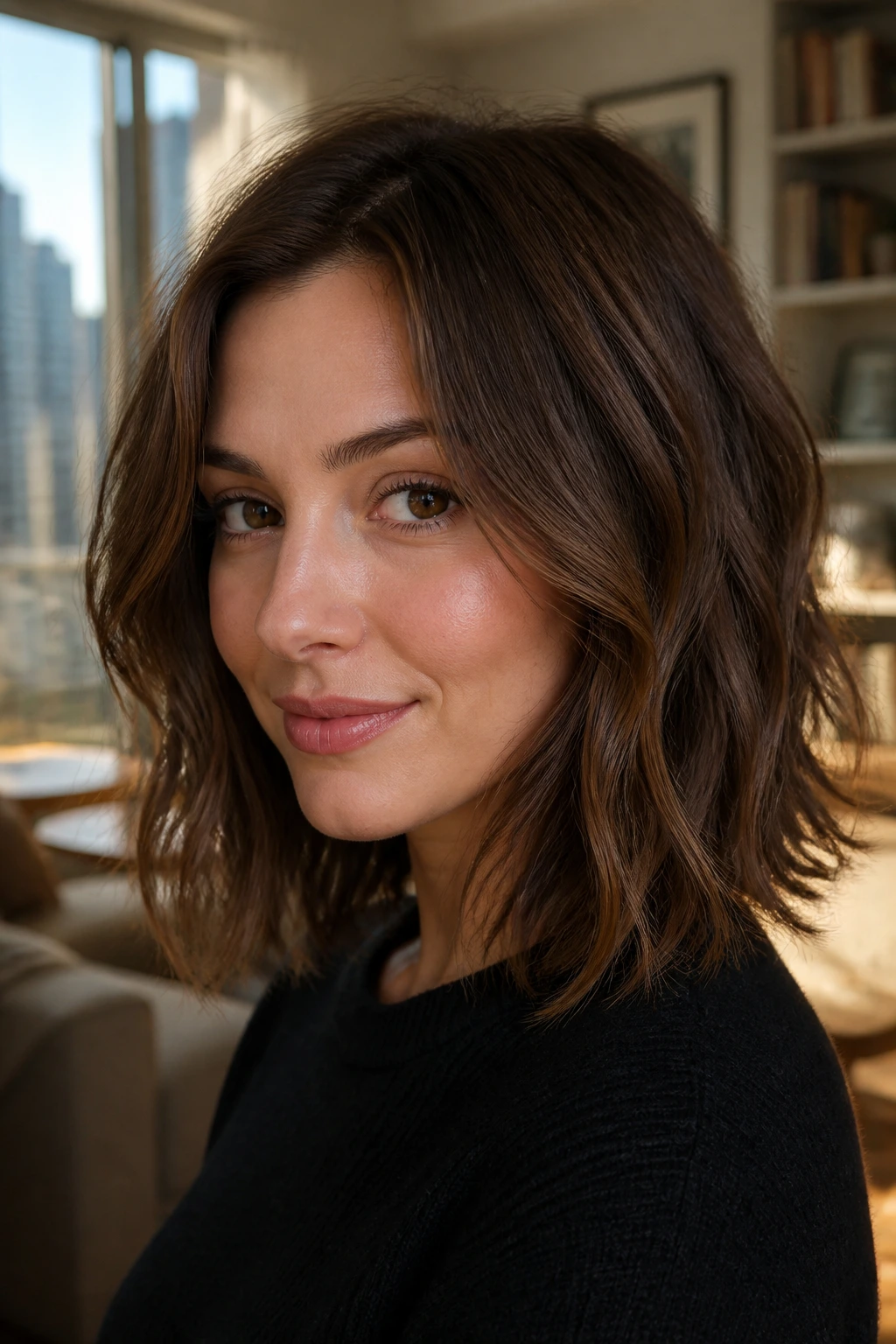 Portrait of a real person with walnut lob and soft razor texture