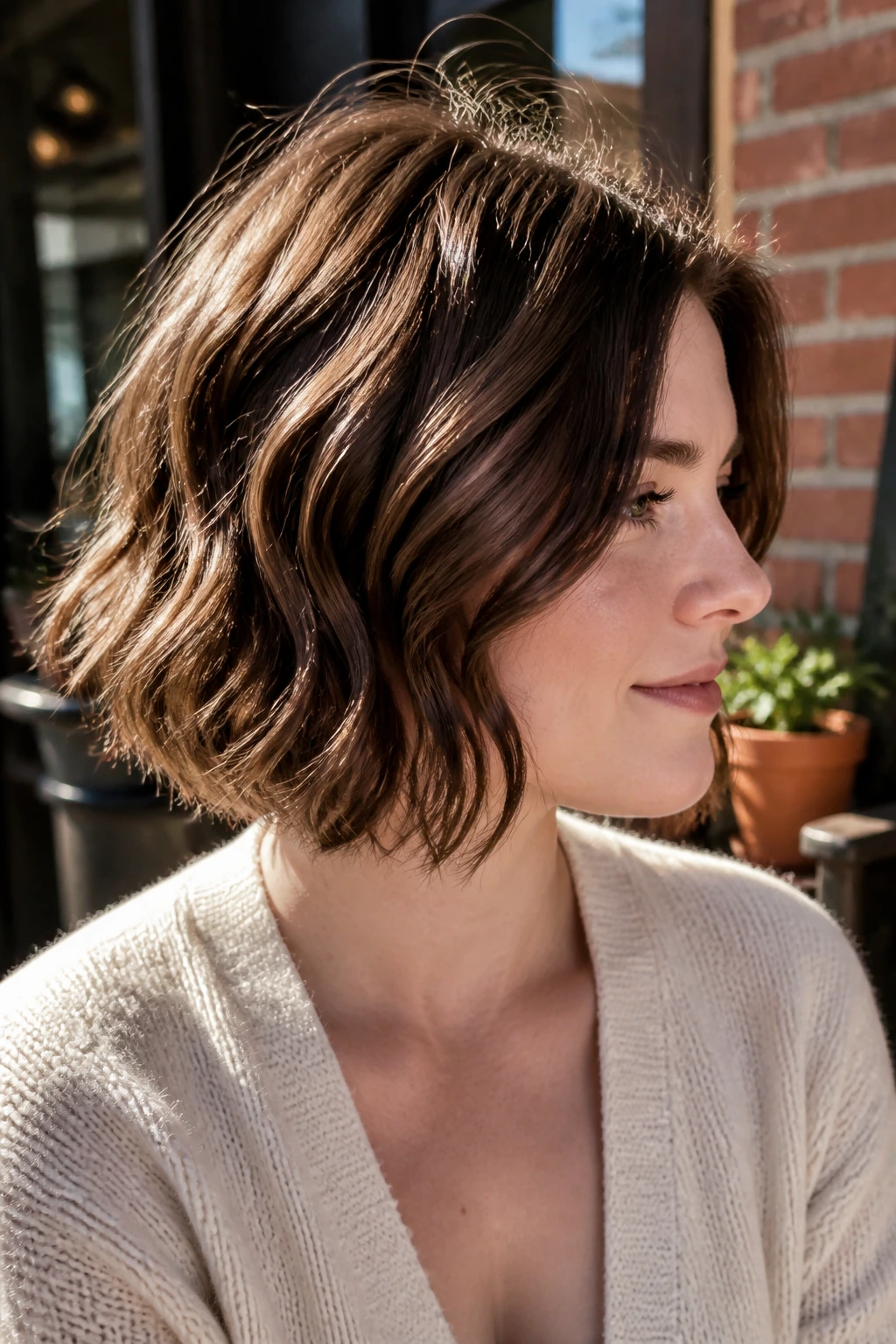 Real woman with walnut lowlights in a wavy bob against a brick cafe backdrop.