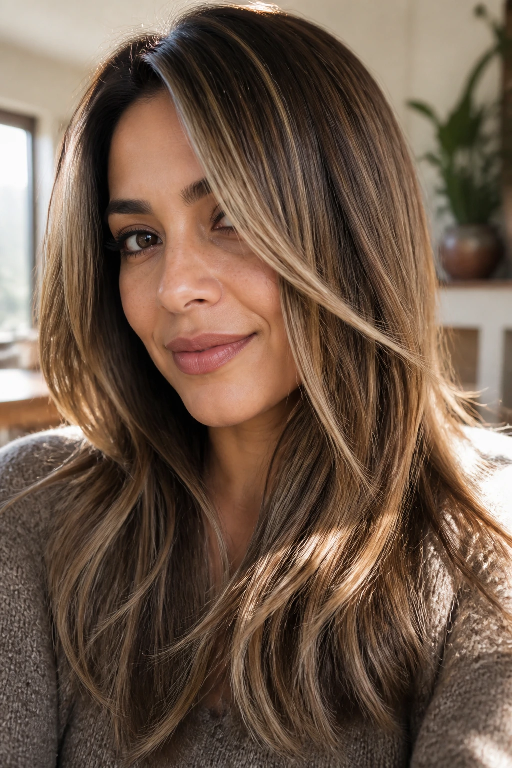Close-up of a real woman's hair with walnut lowlights woven through a lighter base under warm window light.