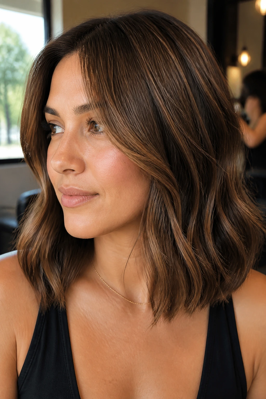 Close-up of a woman's hair with walnut lowlights in a warm salon setting