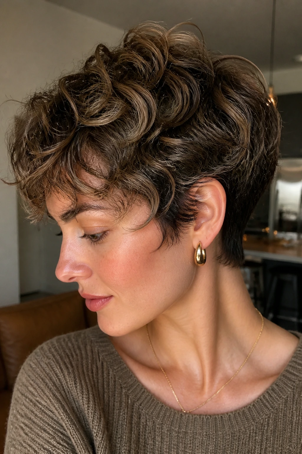 Curly pixie with walnut lowlights peeking through short curls