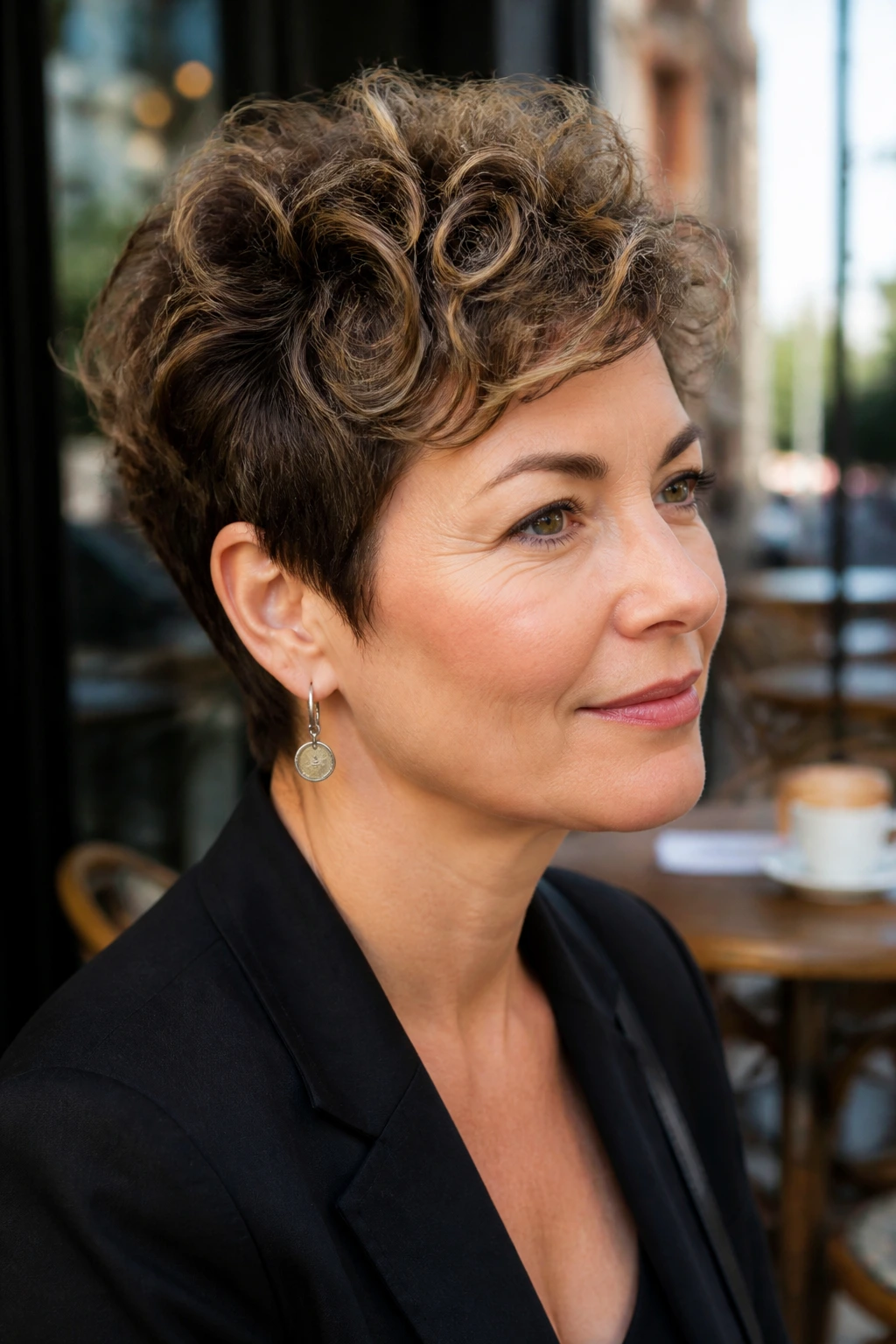 Close-up of a real woman's short curly pixie with walnut lowlight panels, highlighting top lift