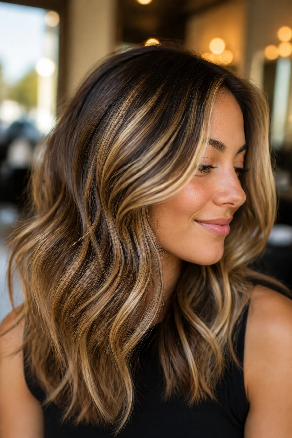 Close-up of a real woman with Walnut-Wheat Dimension hair color (walnut lowlights, wheat highlights) framing the face.