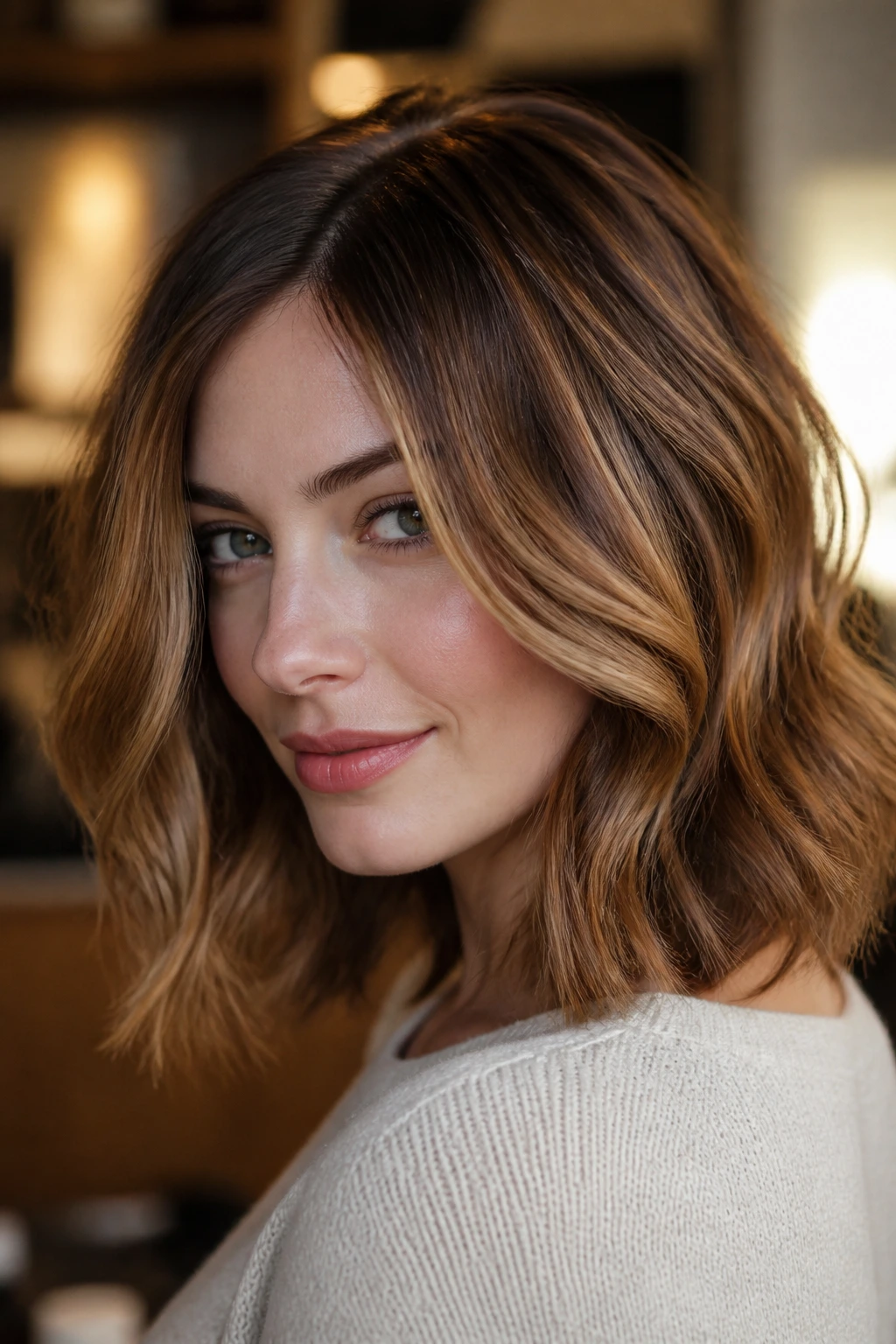 Close-up of a real woman with golden walnut ribbons through mid-length hair