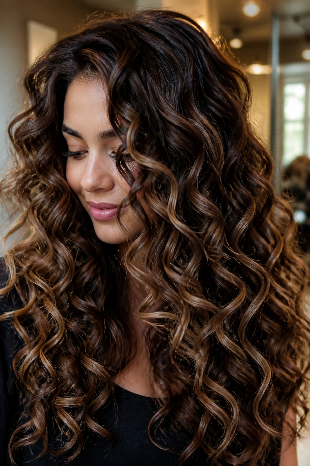 Close-up of a real woman with walnut ombre and chunky curl definition