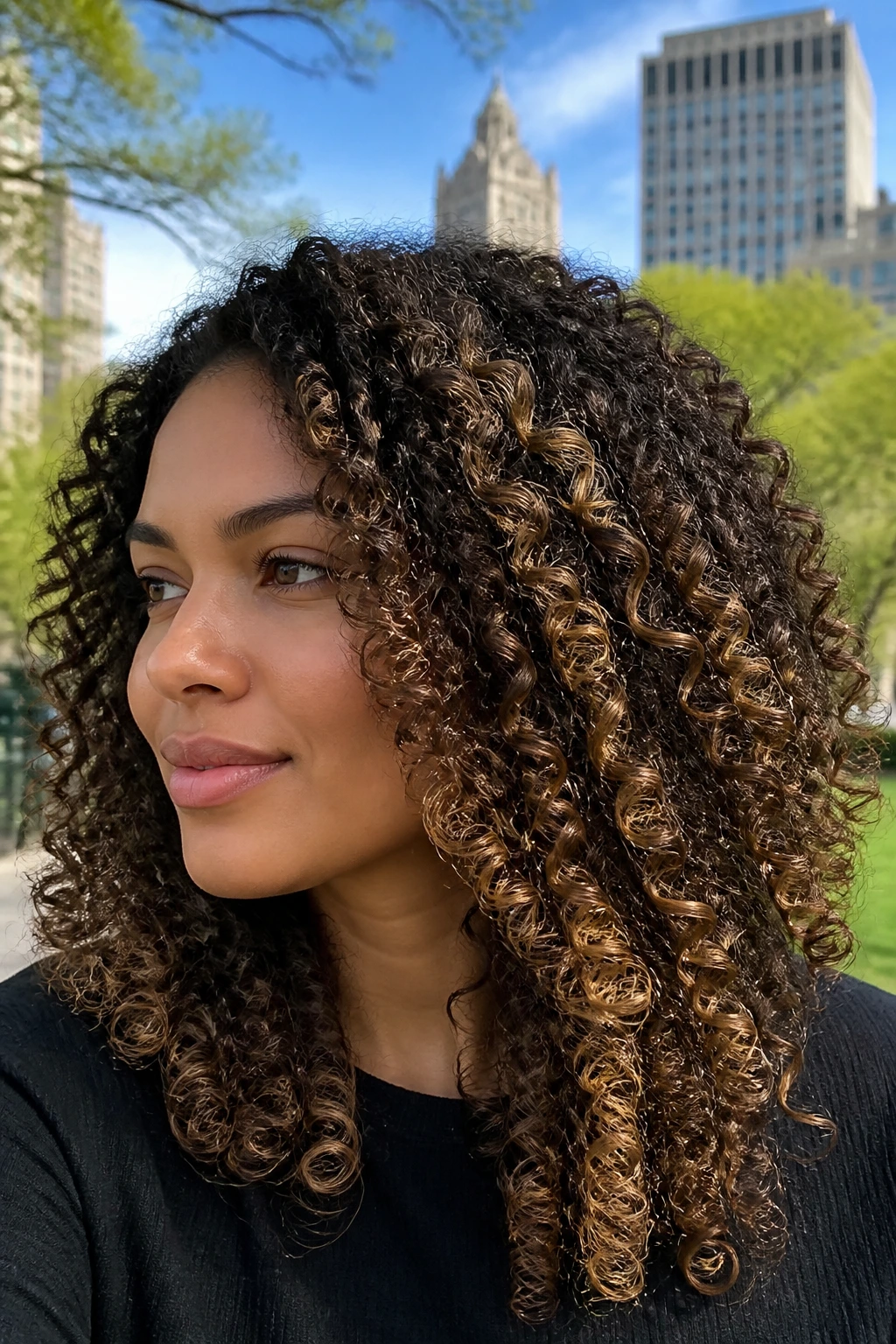 Close-up of real woman's curls with walnut ribbon balayage visible within curls